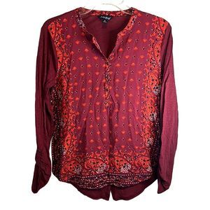 Lucky Brand Red Orange Long Button Tab Sleeve Pullover Shirt